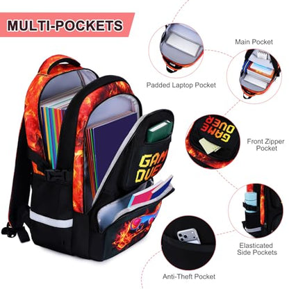 3PCS School Backpack for Boys, Cool Gamer Boys Backpack with Lunch Box and Pencil Case for Kids Kindergarten Teens Elementary Middle School Bag with Convenient Charging Port,Gaming Bookbag Waterproof - color: Red Flame