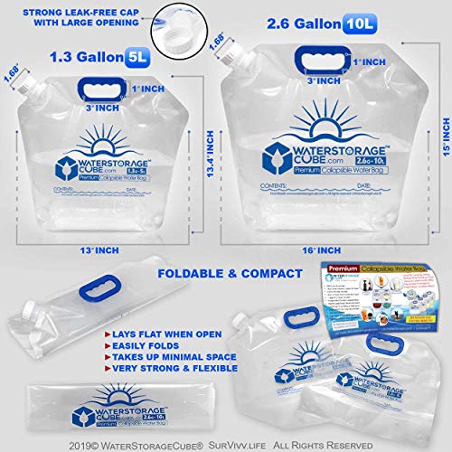 WaterStorageCube Premium Collapsible Water Container Bag, BPA Free Food Grade Clear Plastic Storage Jug for Camping Hiking Backpack Emergency, No-Leak Freezable Foldable Water Bottle 1.3/2.6 Gallon - size: 2.6 Gallon, style: 4-Pack