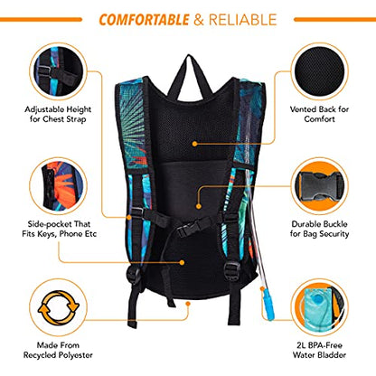 Vibe Festival Gear Rave Hydration Pack Backpack with 2L Water Bladder for Women Men – Festival Hydropack, Hydro Pack, Leak Proof, Lightweight – Teens, Party, Hiking, Running, Outdoor Sports - color: Tropical Hawaii