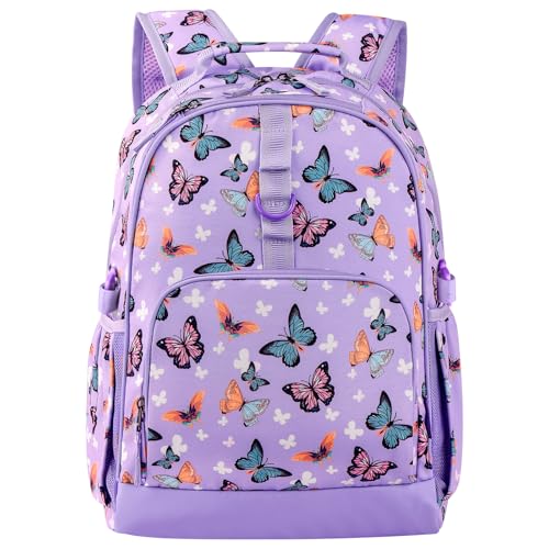 Choco Mocha Butterfly Backpack for Girls, Kids Backpack Elementary School Backpack for Girls Ages 6-8 Kids Bookbag 17 Inch with Chest Strap, Purple - color: Butterfly-purple