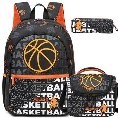 Backpack for School Boys Backpack 8-12 Years Old Kids Backpacks Boys with Lunch Box Pencil Case Kids Bookbag for Elementary Back to School Supplies - color: Black Basketball