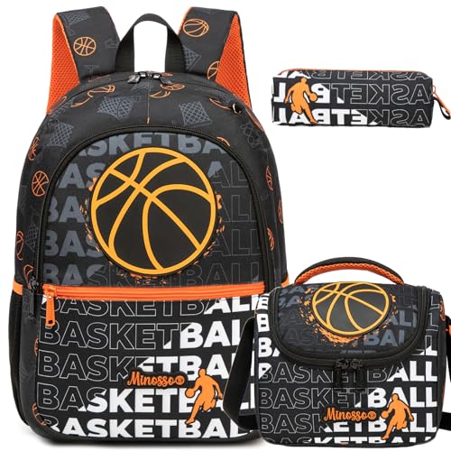 Backpack for School Boys Backpack 8-12 Years Old Kids Backpacks Boys with Lunch Box Pencil Case Kids Bookbag for Elementary Back to School Supplies - color: Black Basketball