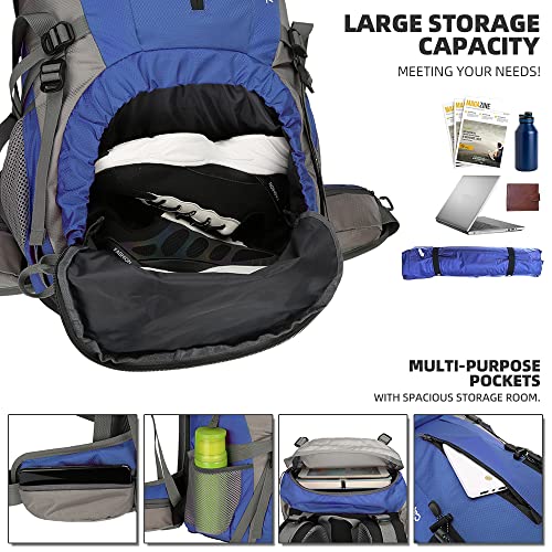 King'sGuard 70L Hiking Backpack with Rain Cover Lightweight Waterproof Travel Camping Backpack Large Backpacking Pack - color: Deepblue