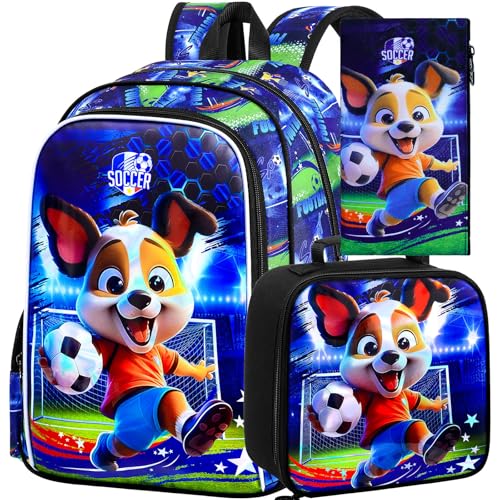 16" Dog Soccer Backpack Set for Boys 4-8, 3Pcs Kindergarten School Bag with Football Lunch Box & Pencil Case, Durable Bookbag (Blue) - color: Soccer Dog Blue