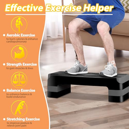 ZENY 26.5 inch Aerobic Step Platform with 4 Step Risers, Height Adjustable Exercise Stepper for Home Gym Workouts, 400 lbs Capacity - color: Grey