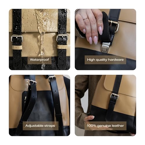 Leather Backpack - Spacious Minimalist Daypack with Adjustable Shoulder Straps and Flap Buckle Closure - Durable Everyday Work Carry 15x11.8x3.9 Cappuccino Black - color: Cappuccino Black