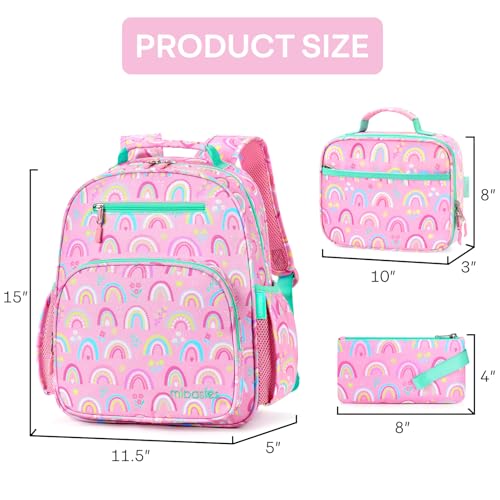 mibasies Girls Backpack with Lunch Box: 3PCS Kids Backpack Set for Kindergarten Elementary - 15 IN Cute Bookbag - Rainbow - color: Rainbow