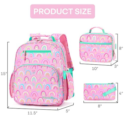 mibasies Girls Backpack with Lunch Box: 3PCS Kids Backpack Set for Kindergarten Elementary - 15 IN Cute Bookbag - Rainbow - color: Rainbow