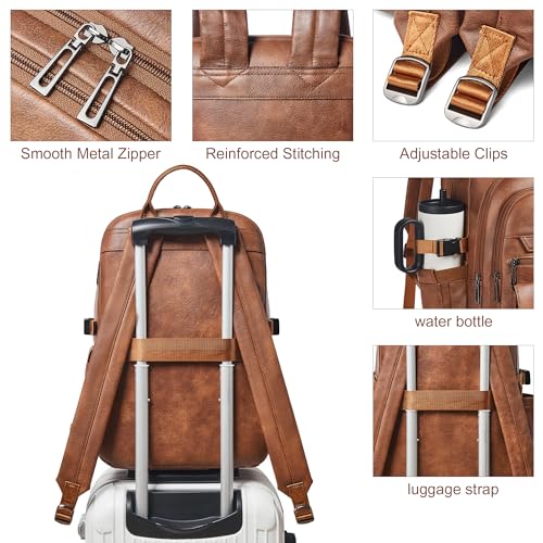 Vegan Leather Backpack, TSA Travel Backpack for Men and Women, Fits 17.0 Inch Notebook with Luggage Strap and USB Port, Brown - color: Brown