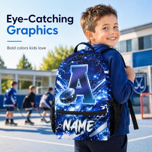COZYAURA Personalized Hockey Backpack for Boys - Custom Name Initial Kids School Bag, 17 Inch Ice Hockey Bookbag for Primary Middle School Travel - color: Multicolor