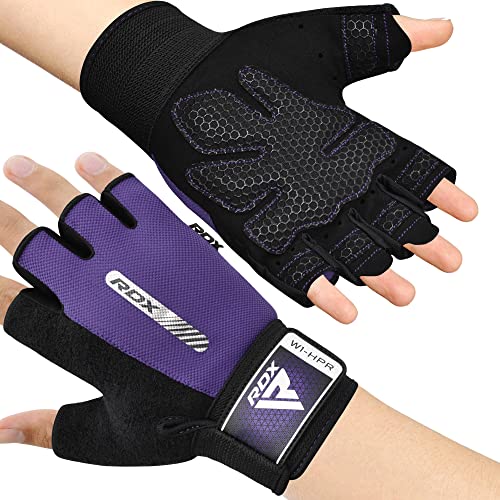 RDX Weight Lifting Gloves Gym Fitness Workout, Anti Slip Padded Full Palm Protection, Ultra Ventilated, Bodybuilding Strength Training HIIT WOD Exercise, Half Finger Men Women Cycling Rowing Climbing - color: Purple, size: Large