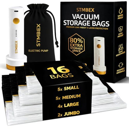 Vacuum Storage Bags with Electric Pump, Travel Vacuum Bags with USB-C Pump, Vacuum Seal Bags for Clothing Travel, Compression Sacks for Suitcase Packing, Reusable Space Saver Bags (16 Pack)