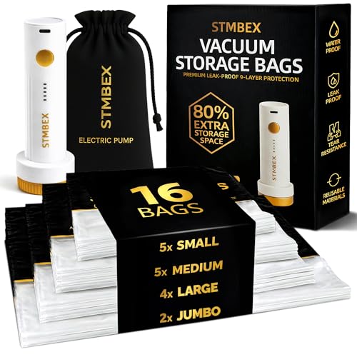 Vacuum Storage Bags with Electric Pump, Travel Vacuum Bags with USB-C Pump, Vacuum Seal Bags for Clothing Travel, Compression Sacks for Suitcase Packing, Reusable Space Saver Bags (16 Pack)