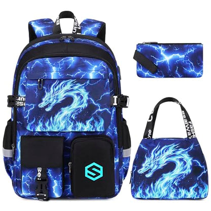 Scothen Boys Backpack, Cool Luminous School Backpacks for Boys with Lunch Bag Pencil Case, Kids Backpack Kindergarten Elementary Middle School Book Bags for Teen Boy Children with USB Charging Port - color: Blue Dragon