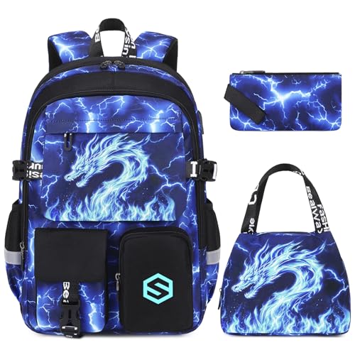 Scothen Boys Backpack, Cool Luminous School Backpacks for Boys with Lunch Bag Pencil Case, Kids Backpack Kindergarten Elementary Middle School Book Bags for Teen Boy Children with USB Charging Port - color: Blue Dragon