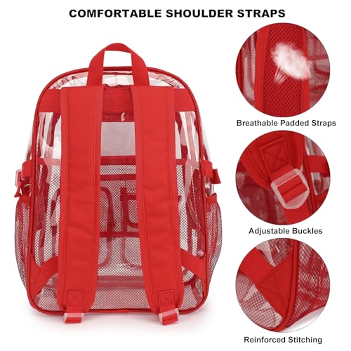 Clear Backpack Heavy Duty Transparent Backpacks Stadium Approved for School Work Sport Travel (Red) - color: Red
