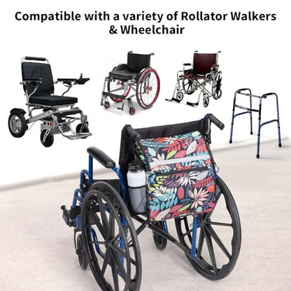 ZHCHG Wheelchair Bags, Wheelchair Backpack with Cup Holder, Wheelchair Bags to Hang on Back, Electric Wheel Chair Accessories, Large Storage Bag for Walker Rollator - style: Blue Red-leaves