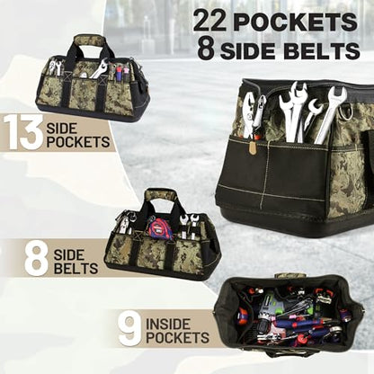 WORKPRO 16-Inch Wide Mouth Tool Bag with Water Proof Molded Base | Multi-Pocket Tool Bags for Men, Adjustable Shoulder Strap, Waterproof Oxford Fabric - color: Camouflage