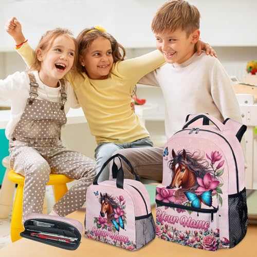 Mercuryelf Personalized Girls Backpack Horse 3PCS Kids Backpack Set with Lunch Bag & Pencil Case, 17 Inch School Bookbag for Elementary Kindergarten - color: Yellow