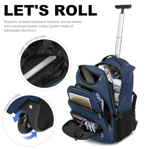 Boavan Rolling Backpack,17 inch Water Resistant Wheeled Backpack,Carry on Luggage Business Bag, Overnight College Computer bag Trolley Suitcase for Men Women Adults to Travel，Black - color: Navy, size: 17.3 inches