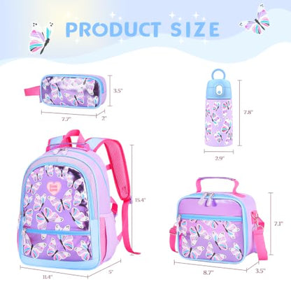 Kids Backpack for Girls 5-8, 4PCS Toddler Backpack with 13oz Kids Insulated Water Bottle, Lunch Box and Pencil Case, Girls Bookbag Schoolbag for Primary Kindergarten Elementary School - color: Purple Blue Butterfly