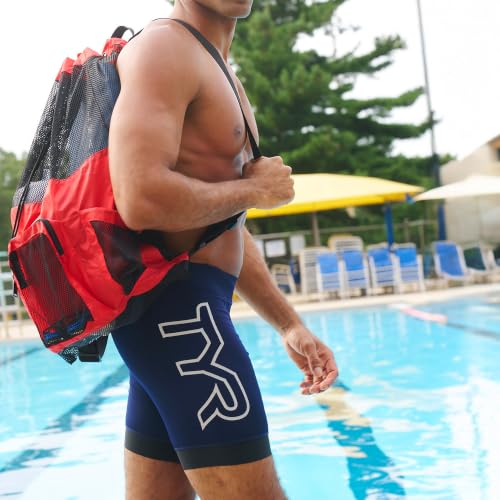 TYR Big Mesh Mummy Backpack for Swim, Gym and Workout Gear, Black, 40-Liter Capacity - color: Orange