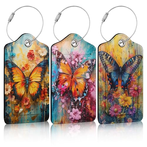 3 Pack Vintage Butterfly Flowers Luggage Tags for Suitcase PU Leather Travel Luggage Tag Privacy Cover ID Label for Women Men Baggage Backpack Handbag School Bag - color: Vintage Butterfly Flowers