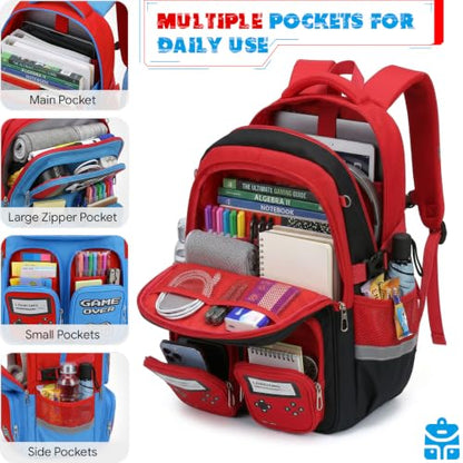 Boys Backpack, Luminous Gamer Backpack for Boys with Lunch Box,Pencil Case and Coin Puese,Kids Schoolbag Bookbag for Teen Boy Elementary Middle High School Travel(Black-Red) - color: Black-red