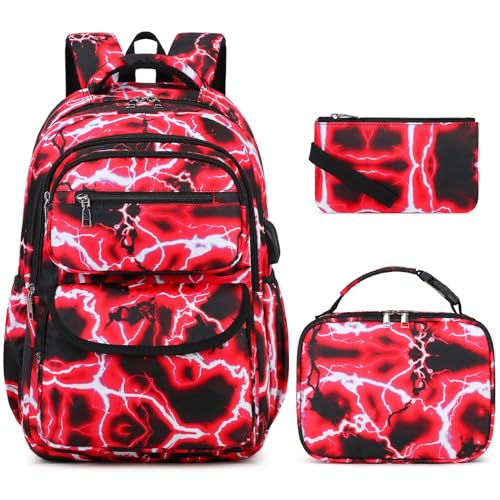 Bevalsa Backpack for Boys, Lightning School Bags with Lunch Bag & Pen Case for Kids, Bookbag for Boys Teens Elementary Middle High School - color: Red