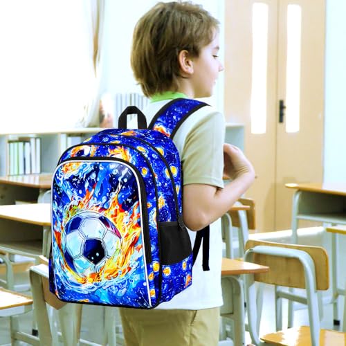 HPJGD 3PCS Soccer Backpack for Boys, Water Resistant Kids Bookbag Set with Lunch Box, Cool School Bag for Elementary Preschool Toddler - Fire & Water Soccer - color: Cool Uv Printed Fire and Water Soccer Blue