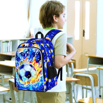 HPJGD 3PCS Soccer Backpack for Boys, Water Resistant Kids Bookbag Set with Lunch Box, Cool School Bag for Elementary Preschool Toddler - Fire & Water Soccer - color: Cool Uv Printed Fire and Water Soccer Blue
