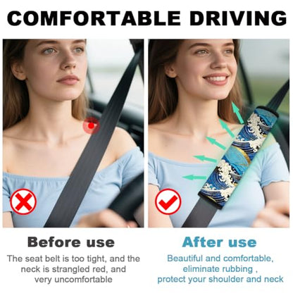 2Pcs Soft Auto Seat Belt Cover Pads, Ocean Wave Car Seatbelt Shoulder Cushion for Comfortable Driving, Compatible with All Cars' Seatbelt and Backpack Straps 11x2.4inch - color: Ocean Wave