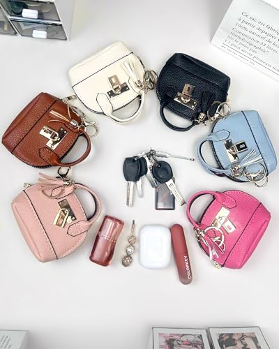 2 pcs Cute Mini Cosmetic Bag for Women PU Leather Backpack Keychain Makeup Bag Key Pocket Lipstick Bag Card Holder Data Cable Organizer Zipper Pouch (Handbag, Rose Red + White) - color: Rose Red + White