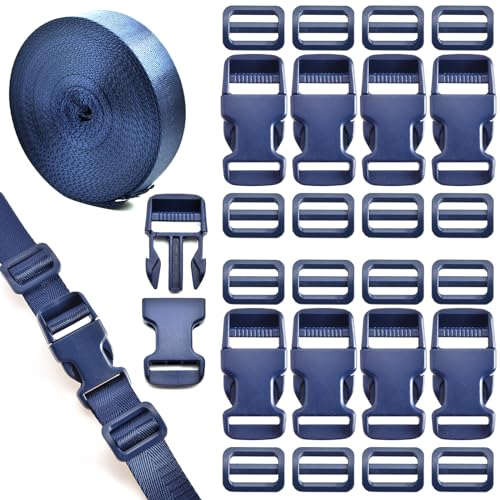 1 inch Buckles Straps Set with 10 Yards Nylon Webbing Strap,10 pcs Quick Side Release Plastic Buckle, 20 pcs Tri-Glide Slide Clip for Luggage Strap, Backpack Replacement (Navy Blue) - color: Navy Blue