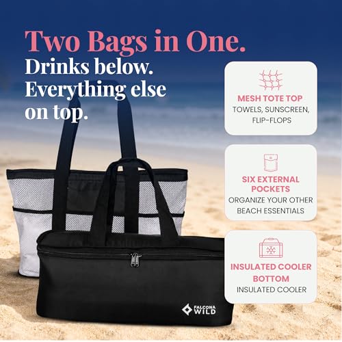 Beach Bag with Cooler Compartment Plus 3 Ice Packs – Keeps Drinks Cold for 6+ Hours – Insulated Beach Tote and Cooler Combo – Stay Organized with Two Bags in One- Perfect for Poolside and Picnics - color: Black and White