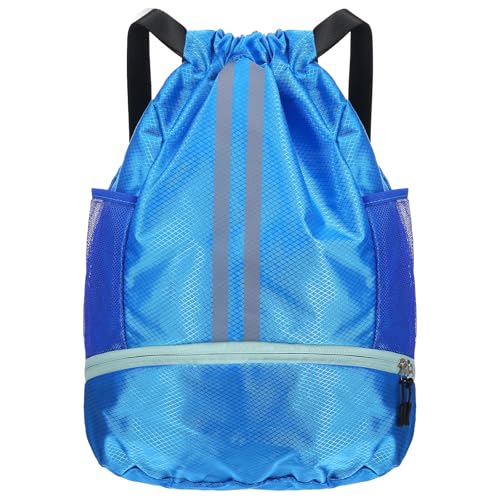 Drawstring Gym Bag with Shoe Compartment and Side Mesh Pockets, Waterproof Sports Drawstring Backpack, Wet and Dry Separation String Backpack for Women Men, Suitable for Fitness, Swimming, Football
