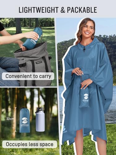 SaphiRose Extra Thick Hooded Rain Poncho Double Layer Waterproof Raincoat Jacket for Men Women Adults - color: Haze Blue