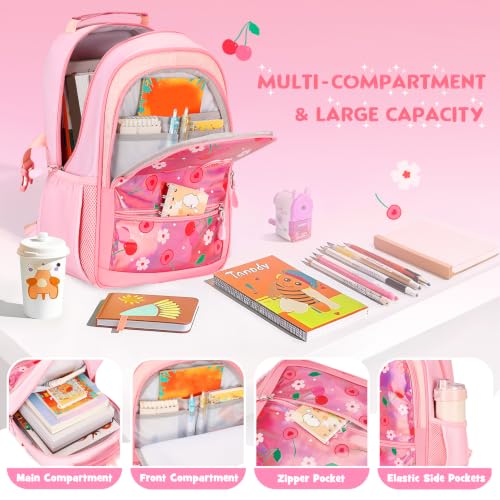 Kids Backpack for Girls 5-8, 4PCS Toddler Backpack with 13oz Kids Insulated Water Bottle, Lunch Box and Pencil Case, Girls Bookbag Schoolbag for Primary Kindergarten Elementary School - color: Pink Red Cherry