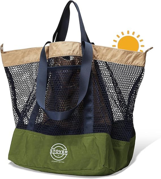 STOVER Extra Large Mesh Beach Bag, Vacation, Pool, Shopping & Travel Tote - Foldable w/Storage Pouch & Pockets for Women, Men - color: 01 - Evergreen Coast