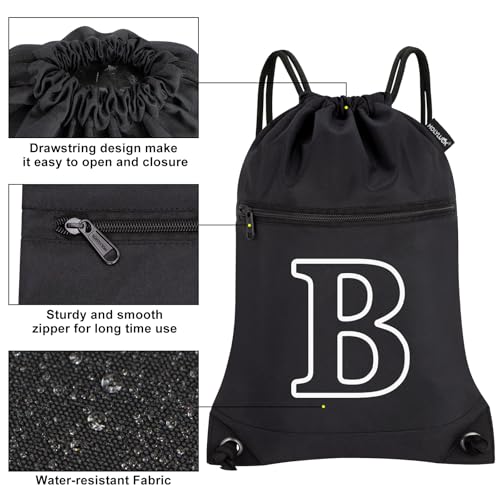 HOLYLUCK Drawstring Bags Initial Backpack Sackpack Cinch Bags for Sports, Gym, Travel, Beach(Black-B) - color: Black-b