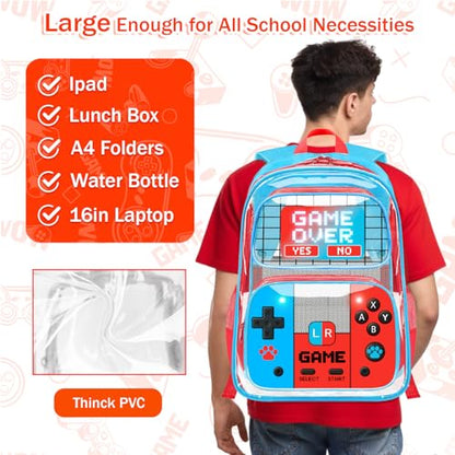 SHPMXUPW 3PCS Clear Backpack for School - Gamer Kids Clear Backpacks for Boys and Girls, Heavy Duty Transparent Bookbag with Lunch Bag and Pencil Case - See Through PVC Transparent Bookbag - color: Blue-Game over