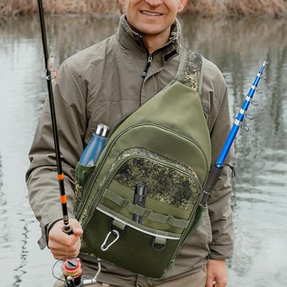 MYDAYS Fishing Sling Tackle Storage Bag, Lightweight Outdoor Sling Tackle Backpack for Fishing Gear and Equipment (Green Camo)
