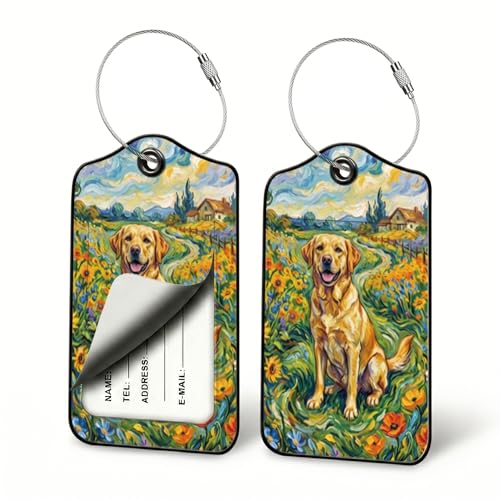 Labrador Retriever Luggage Tags for Suitcases, 2 Pack PU Leather Bag Tags | Privacy flap shields address card; steel wire loop fits carry-ons, backpacks, duffels, pet carriers, and family trips - color: Labrador Retriever
