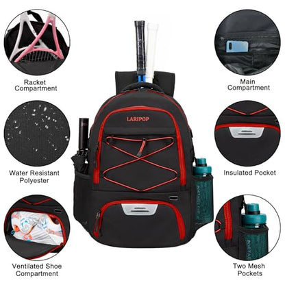 LARIPOP Tennis Bag Tennis Backpack for Women and Men 2 Rackets with Separate Shoe Compartment - color: Red