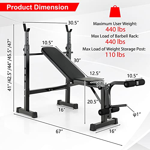 Goplus Adjustable Olympic Weight Bench Barbell Rack Set, Foldable Workout Bench Press Set with Leg Developer, Squat Rack, Home Gym Flat Incline Decline Weight Lifting Strength Training