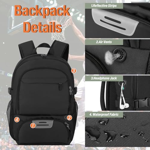 OCKLILY Basketball Backpack - Large Sports Equipment Bag with Ball Holder & Shoe Compartment, Sport Bags for Basketball, Soccer, Volleyball, Gym, School and Travel, 30L - color: Black