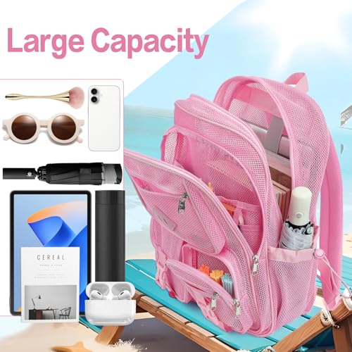 Pink Mesh Backpack for Girls Boys, Mesh Bookbags Heavy Duty Semi-Transparent School Bag for College, Travel, Beach, Swimming, Sports - color: Pink