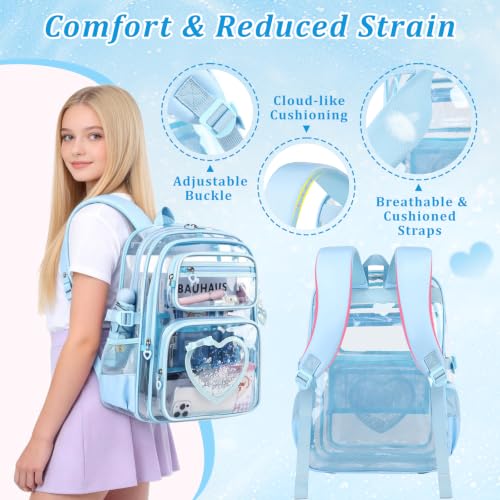 Clear Backpack for School Girls, Cute Heavy Duty PVC Transparent Bookbag, See-Through Bag for Stadium Event Blue - color: Blue