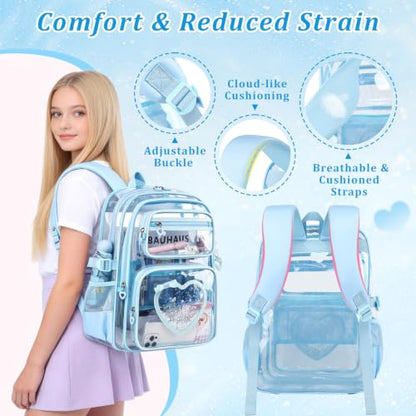 Clear Backpack for School Girls, Cute Heavy Duty PVC Transparent Bookbag, See-Through Bag for Stadium Event Blue - color: Blue