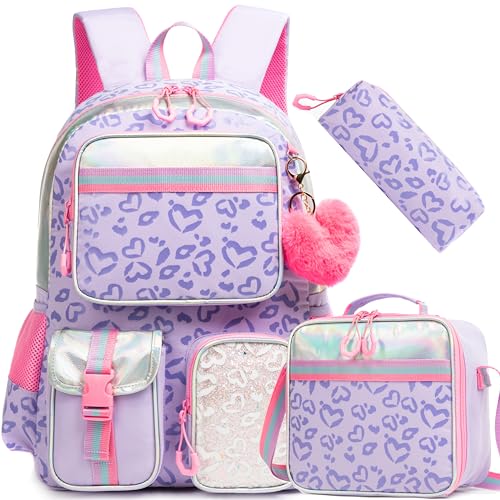 Meetbelify Aesthetic Backpack with Lunch Box for Elementary Students - Cute School Bag for Girls 8-10 - Purple - color: 3pcs Purple Love